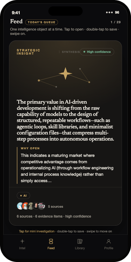Curator mobile app Feed on iPhone and Android — one intelligence card at a time with a confidence chip and its source evidence